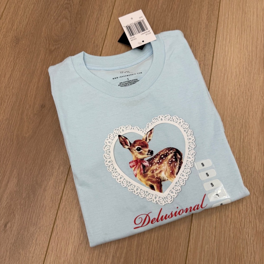 Isaac Morris Delusional Fawn Heart Graphic Tee Light Blue Cotton Blend Shirt NWT